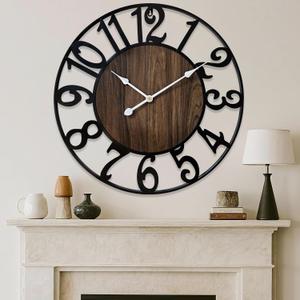 24 Inch Large Wall Clock for Living Room Bedroom Kitchen Mantel Decor, Silent Battery Operated Decorative Non Ticking Metal Round Modern Farmhouse Arabic Numerals Big Clock Wall Decor