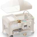 4 in 1 Baby Bassinet, Pack and Play, Bedside Crib Sleeper, Diaper Changer - Comes with Mattress, Mosquito Net, Bottom Storage and Toy Bar for Newborn to Toddles (Beige)