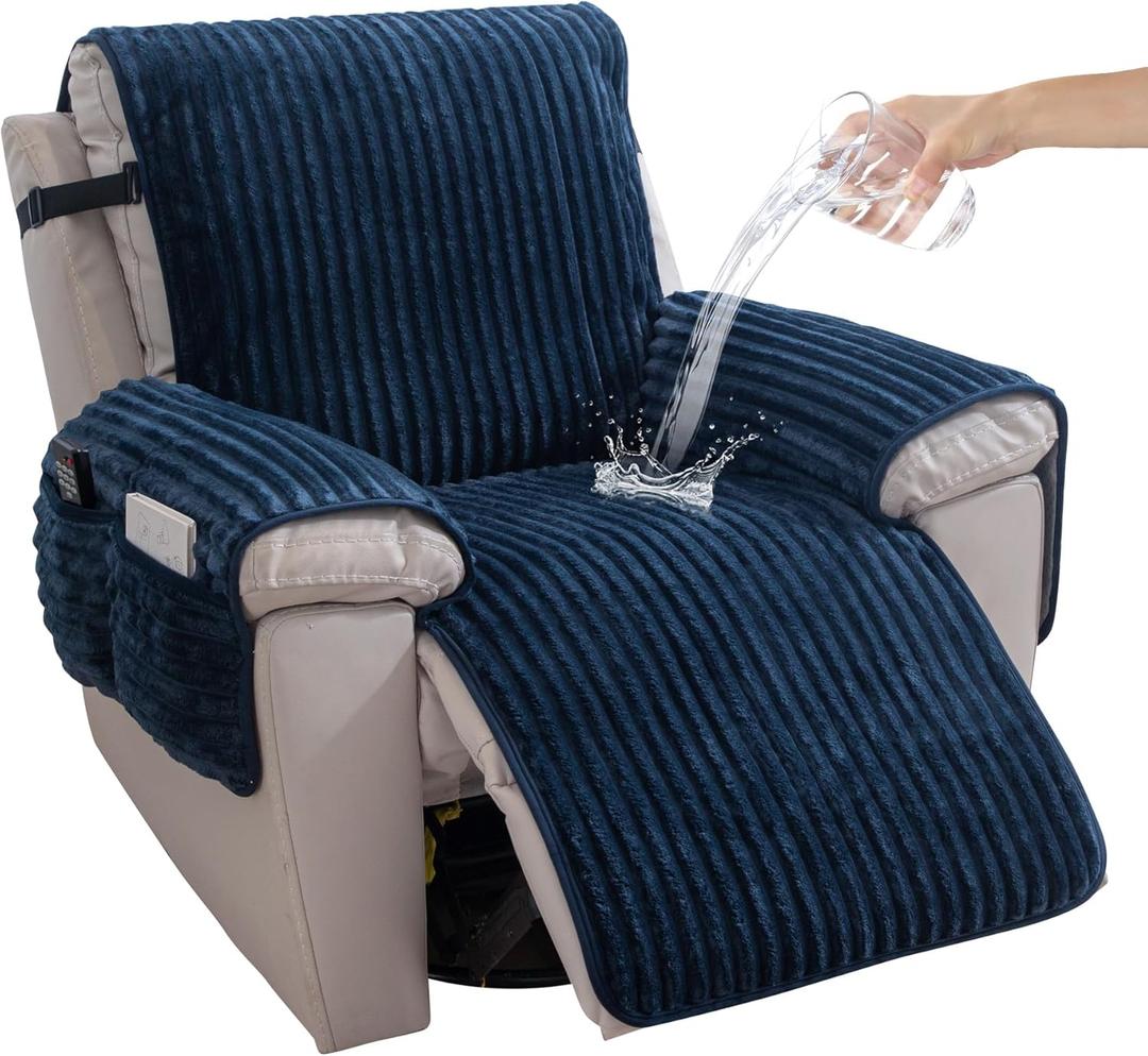 HAOMAIJIA Faux Fur Recliner Chair Covers Non-Slip Waterproof Recliner Covers That Stay in Place Warm Thick Lazy Boy Recliner Cover for Dogs Furniture Protector Pet Friendly (Navy Blue, 28'')