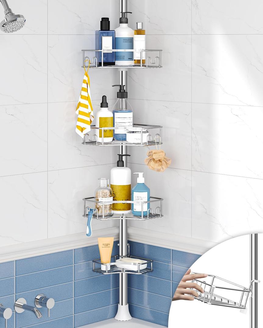 SEIRIONE Corner Shower Caddy Tension Pole, 4-Tier Rust-Free Shower Organizer Corner, Adjustable Shelf for Bathroom Storage, Easy-Install Standing Rack, 34 to 116Inch, Sliver (Silver)