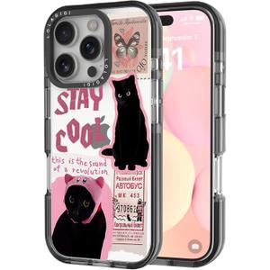 LOLAGIGI Case for iPhone 16 Pro, Pink Black Cat Art Collage Cute Kawaii Design Girly Aesthetic Cartoon Pattern for Women Girls Teens Transparent Acrylic Hard Case,6.3"