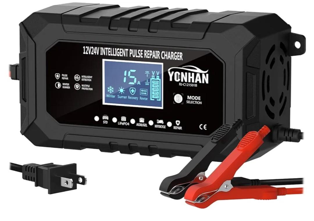15-Amp Battery Charger LiFePO4 Trickle Car Battery Charger 12V 24V Fully-Automatic Smart Battery Chargers, Lead Acid Portable 9-Stage Smart Battery Maintainer with Temp Compensation(Black)