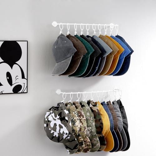 Hat Rack Wall Cap Organizer - Baseball Hat Racks Display Holder with 40 Hooks - Modern Metal Black Hats Storage Wall Mounted Caps Hanger Set of 4 for Closet Door Bedroom Entryway Laundry(White)