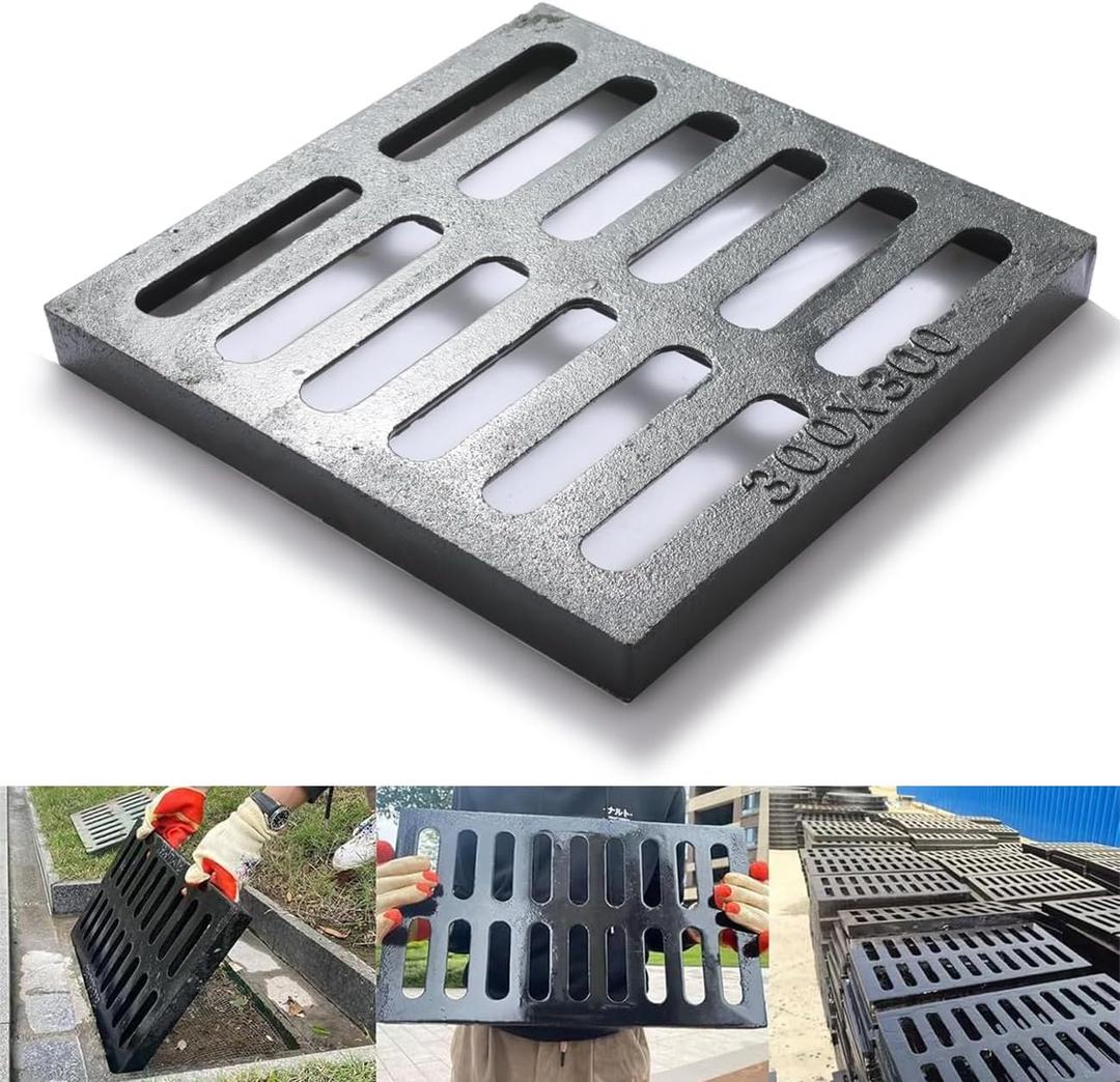 Cast Iron Drain Grate, 12 * 12in Heavy Duty Outdoor Drain Cover, B125 Class Channel Grate, Metal Sewer Grate, Black Square Drainage Grate for Concrete Floor, Yard, Driveway & Garage.