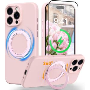 360 Magnetic for iPhone 16 Pro Max Case Silicone with Stand, Compatible with MagSafe, Rotatable Ring Kickstand Slim Rubber Drop-Proof Case with Tempered Glass Screen Protector 6.9", Pink