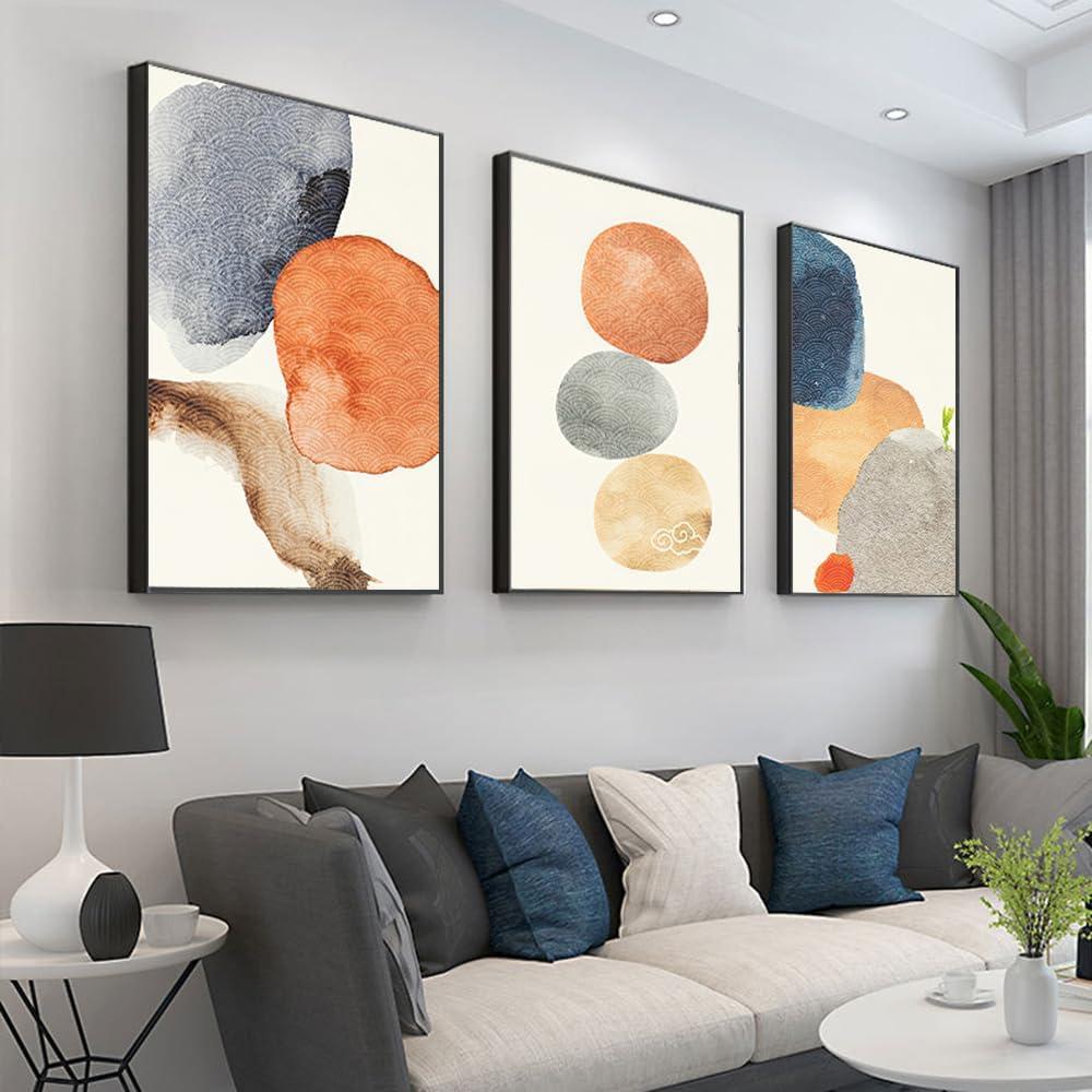 ARTKN Modern Wall Art 3 Piece Set,Abstract Modern Art Wall Decor for Living Room Bedroom,Fresh Minimalist Large Framed Wall Art, Gray Blue Orange Wall Decor(Orange, 24" X 32" X 3 pieces)