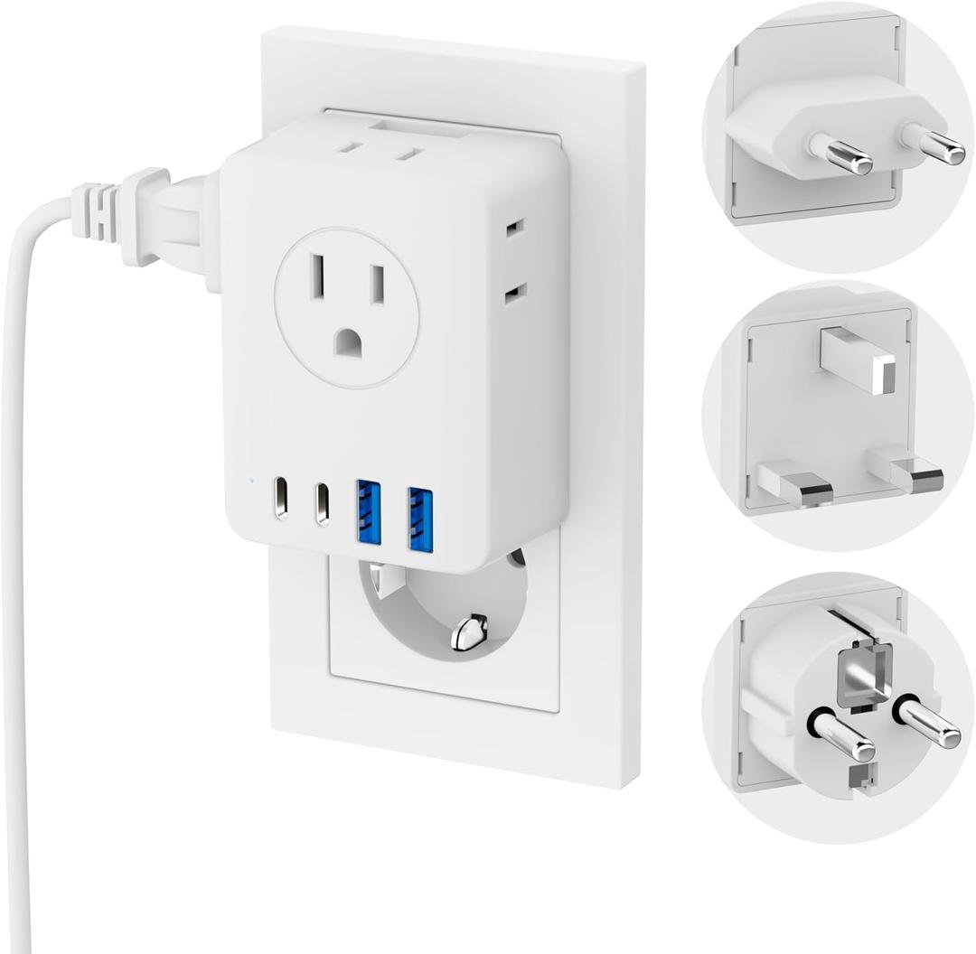 Kakyanill European Travel Plug Adapter, Detachable Adapter Type C/G/E/F Plug, 4 AC Outlets, 4 USB Ports (2 USB C), EU UK Germay France Greece Travel Plug Adapter