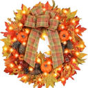 Fall Door Wreaths with Lights, 24 inch Large Farmhouse Pumpkin Wreath with Bow for Autumn Wreaths for Front Door Outside Table Centerpiece Thanksgiving Harvest Decor