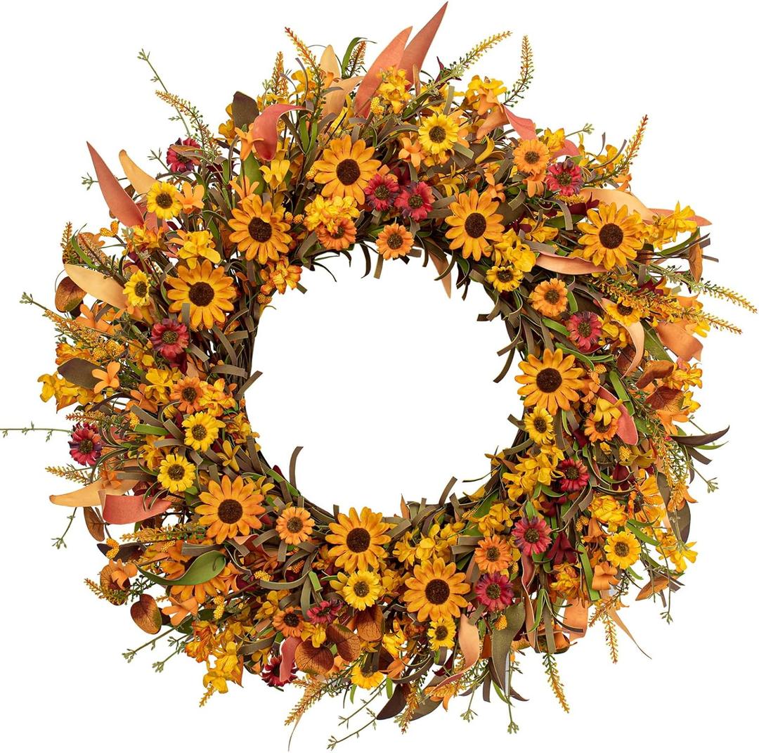 J'FLORU 28 Inch Artificial Fall Wreath Large Fall Wreaths for Front Door Autumn Wreath with Daisy and Lavender Berry Fall Leaves for Wall Fireplace Farmhouse Thanksgiving Day Harvest Festival Decor