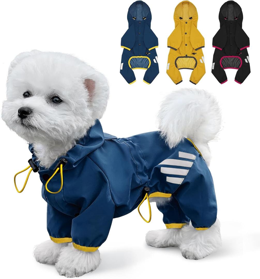 Dog Raincoat, Waterproof Dog Rain Jacket with Hood, Rain Coat with Leash Hole, Reflective Strap for Small Medium Dogs, Lightweight Puppy Clothes(Blue,M) (M(Back Length13.4''))