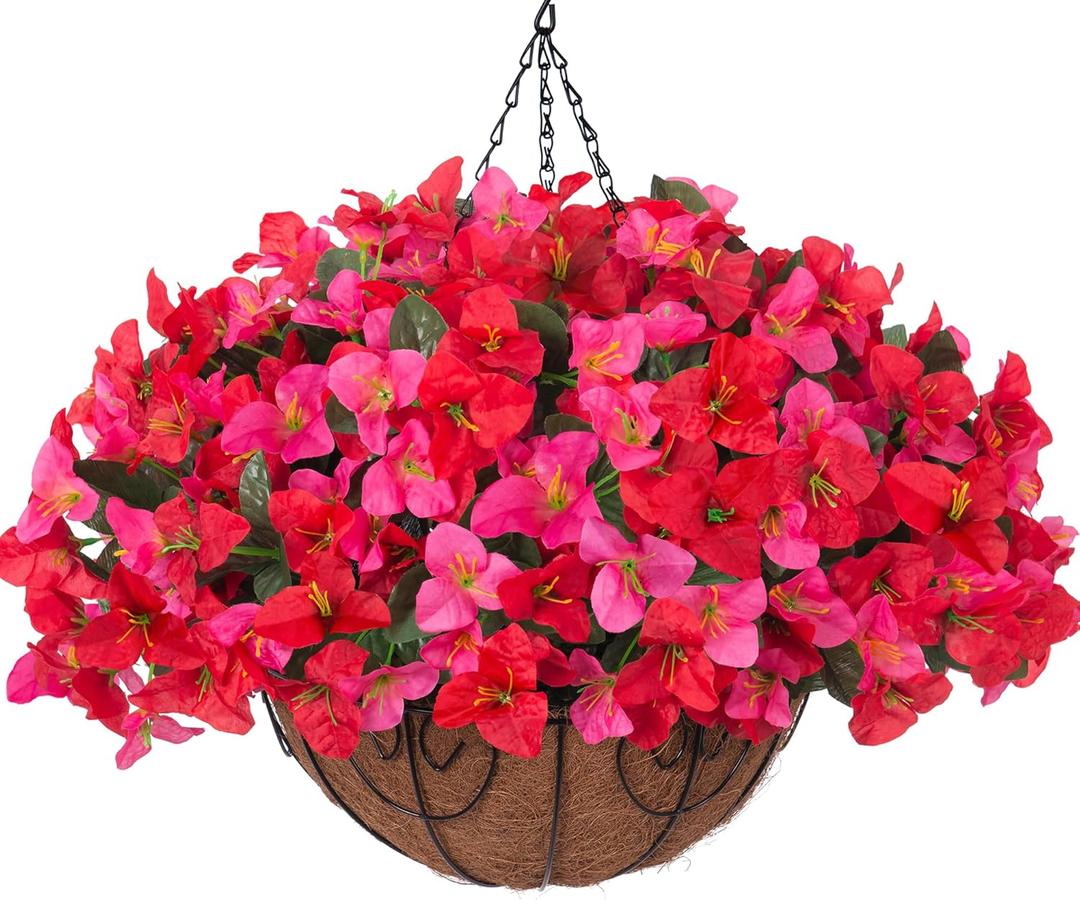 Artificial Fake Hanging Flower Plants Basket for Outdoors Spring Summer Decoration, Faux Bougainvillea Flowers in Planter Look Real UV Resistant Silk Flower for Outside Porch Patio Garden Home Decor (Hotpinkred)
