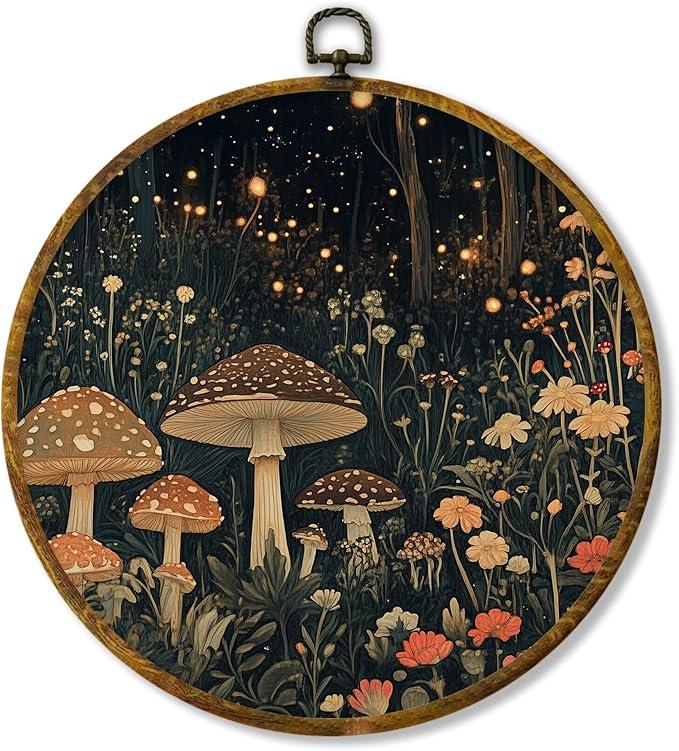 Hiuwevt Mushroom Round Wall Art Decor, Mystical Magical Enchanted Mushroom Forest Framed Canvas Prints, Vintage Fantasy Dark Moody Round Wall Hanging Decor for Bedroom Home Decorations, 10x10 Inches