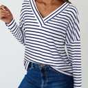 LilyCoco Womens V Neck T Shirts Breton Loose Fit Striped Long Sleeve Shirt Tshirt Blue Small