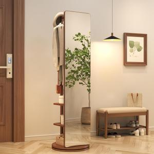 Solid Wood Rotary Full Length Mirror Coat Rack, 70" x 20" Oversize Standing Mirror Full Length, Floor Mirror for Bedroom, Living Room, Entryway (Walnut)