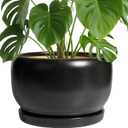 SQOWL Ceramic Flower Pot - 10 Inch Planter with Drainage Hole and Saucer, Modern Large Plant Pot Indoor Outdoor, Decorative Round Planter, Bedroom Decor, Gifts for Plant Lovers, Black