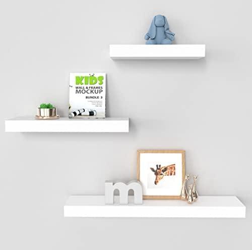 Ballucci Modern Floating Wall Shelves, Set of 3 Wood Wall Mount Ledges for Living Room, Bedroom, Nursery, Bathroom, Kitchen, Office; 12", 16", 24" - White