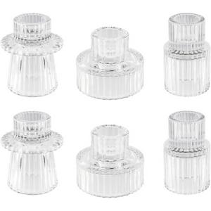 Double Sided Vintage Ribbed Taper Glass Candle Holders,Tea Candle Holder for Table Centerpieces, Wedding Decorations and Dinner Parties (Clear, 6 PCS)