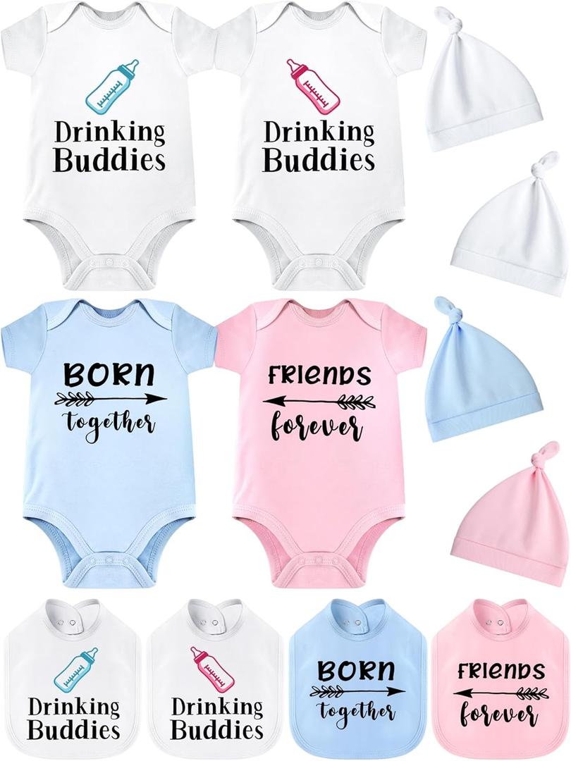 Cutecrop 4 Set Baby Boy Girl Twins Bodysuits Set Twins Matching Outfits Includes 4 Pcs Newborn Baby Romper 4 Pack Bibs and Hat for Boy Girl Gifts