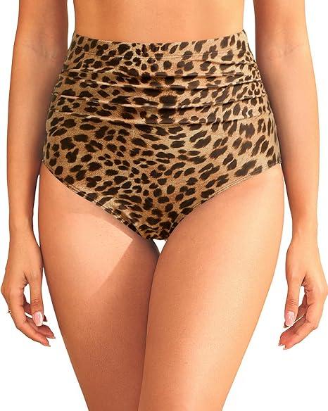 Zmart High Waisted Bikini Bottoms - Women's Full Coverage Ruched Bathing Suit Bottom Low Cut Swimsuit Leopard M