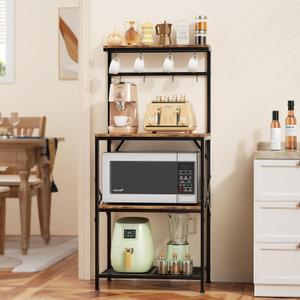 Korfile Kitchen Bakers Rack with Storage Shelves, Small Coffee Bar Cart with 8 Hooks, 4 Tiers Microwave Stand Station with Adjustable Shelves, Freestanding Kitchen Appliance Organizer, Rustic Brown