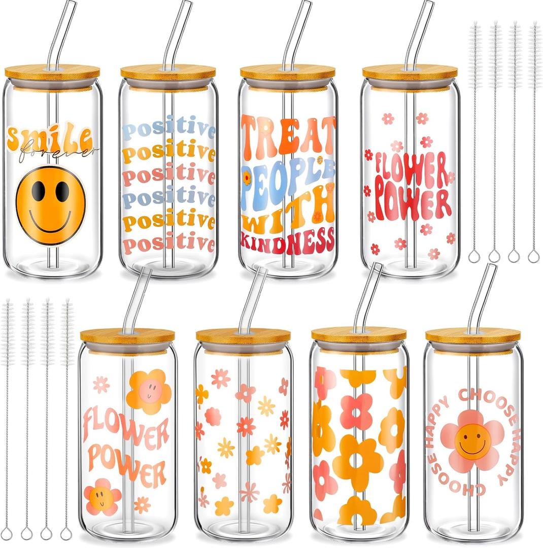 Umigy 8 Pcs Cute Glass Cups with Bamboo Lids and Straws Groovy Retro Ice Coffee Cup 16 oz Smile Face Daisy Glass Beer Cups Drinking Jars with Cleaning Brushes for Christmas Gift Party Supplies