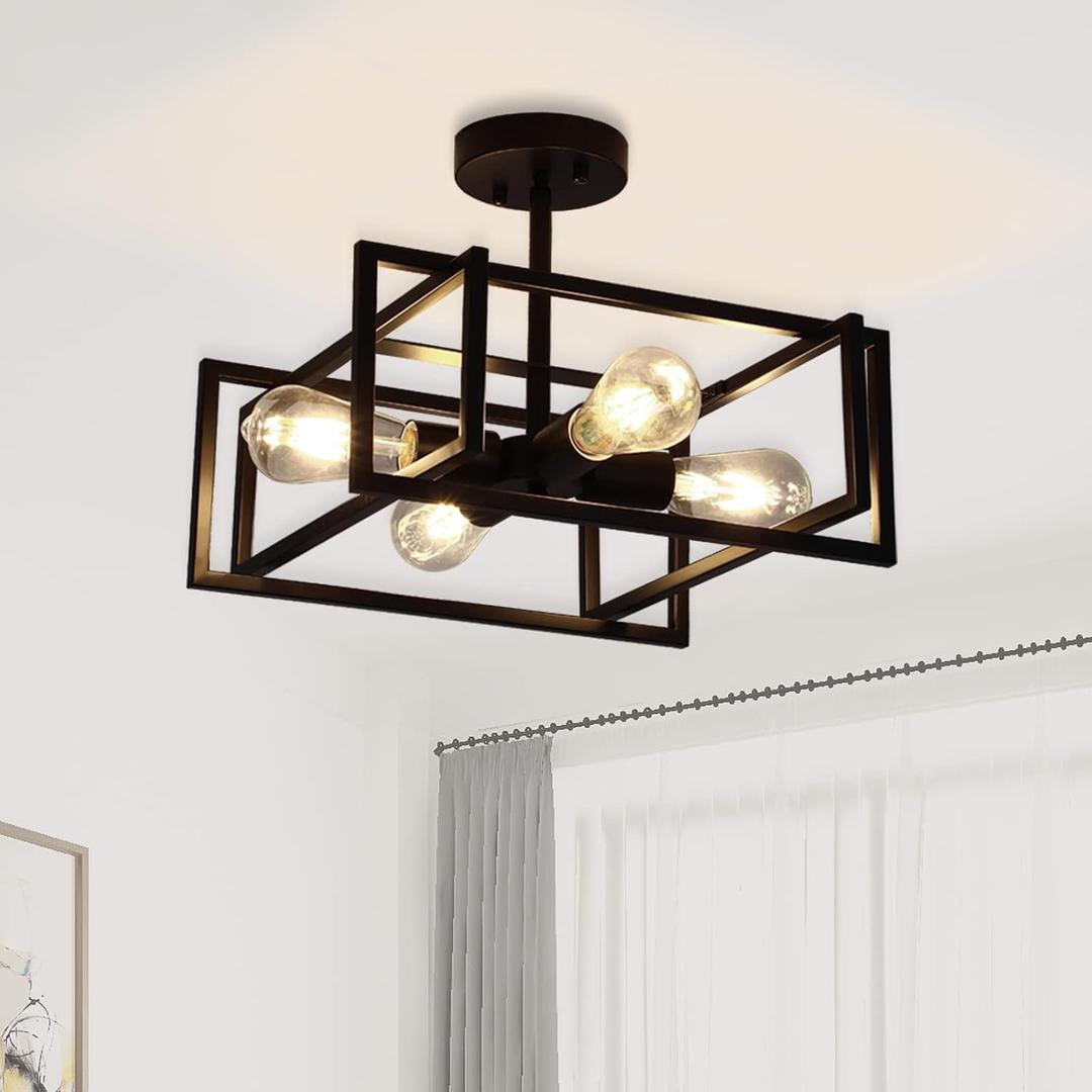 Black Ceiling Light Fixtures - 4-Light Industrial Farmhouse Flush Mount Ceiling Lighting,Vintage Metal Chandelier Ceiling Lamp for Kitchen Living Room Bedroom Hallway Laundry Entryway