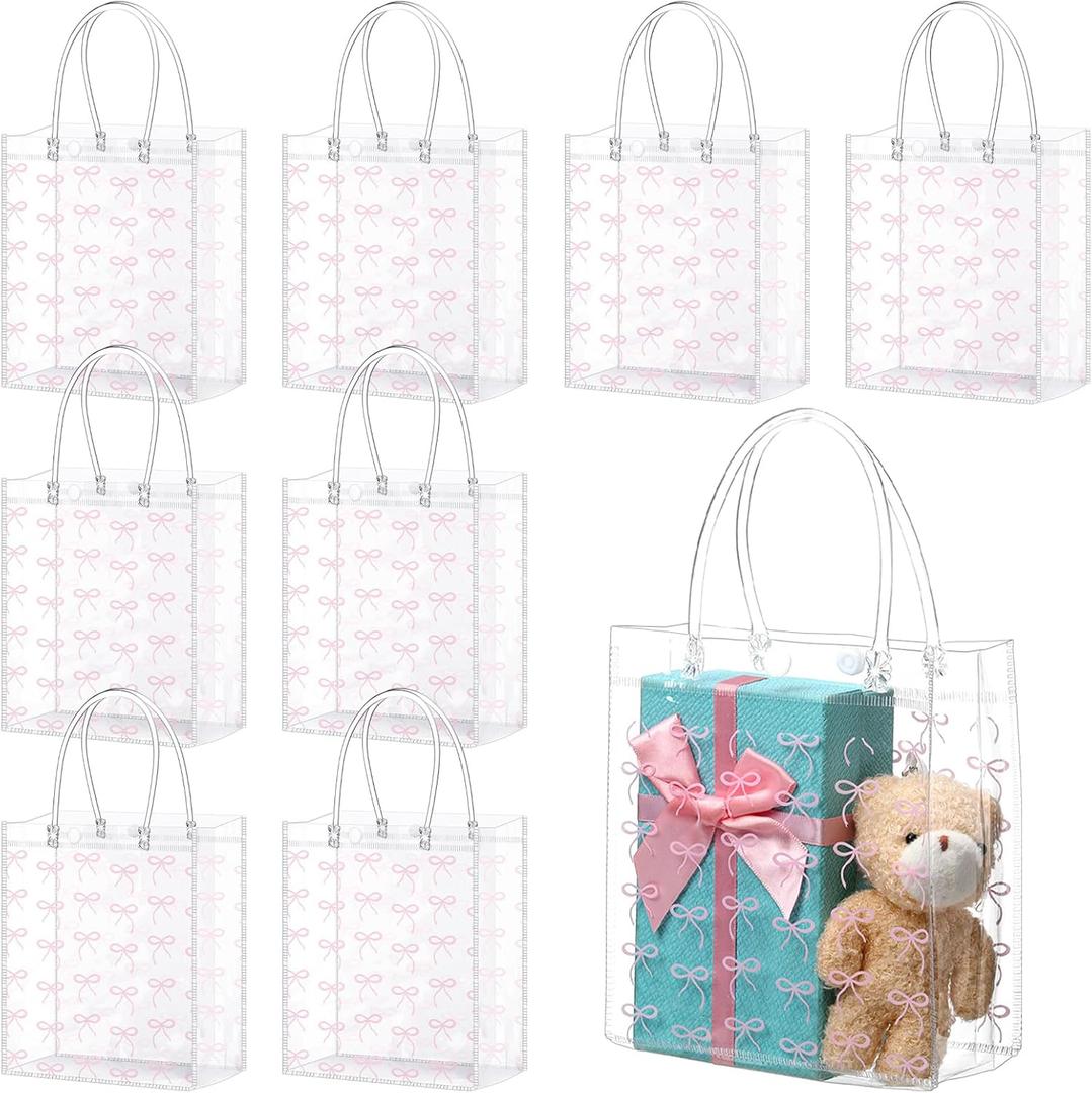 Sweetude 24 Pcs Coquette Pink Bow Party Gift Bags PVC Pink Clear Cheer Goodie Treat Bags with Handle Coquette Birthday Bow Party Favor Small Candy Bag Bulk Reusable Wrap for Bridesmaid Proposal