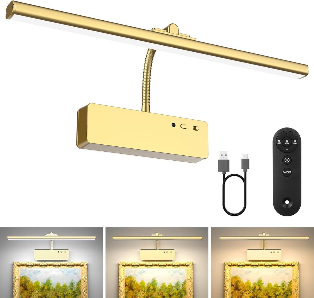Picture Light with Remote, 15.35inch Wireless Rechargeable Battery Wall Light for Paintings, 3 Colors Paintings Light Dimmable and Timer Metal Art Light for Display, Wall, Artwork, Gallery (Gold) (15.35inch, Gold)