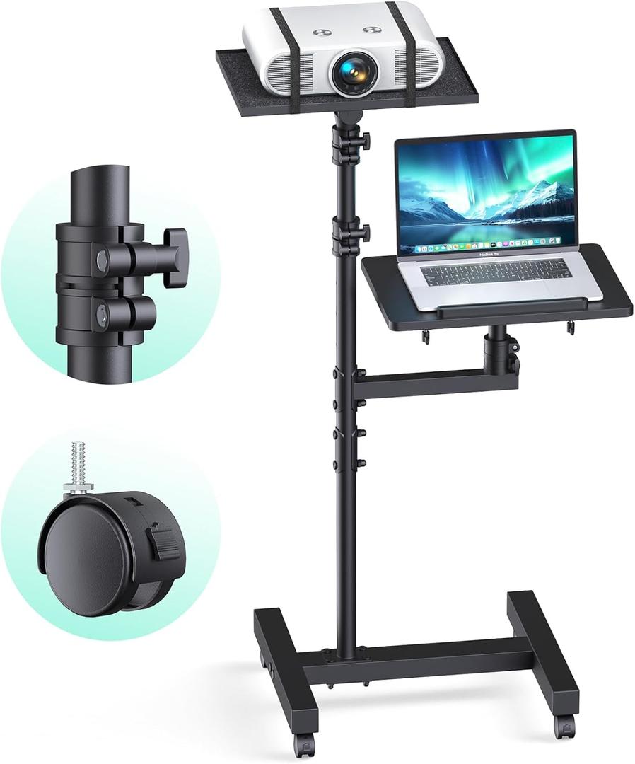 Projector Stand Tripod: 2 Shelves Mobile Laptop Cart Adjustable Height 45 to 64 Inches, Rolling Laptop Stand Cart with Ventilated Tray, Projector Tripod Stand on Wheels for Couch, Bedside, Meeting