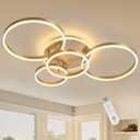 4-Rings Modern LED Ceiling Light Dimmable 39’’ Brushed Gold Ceiling Lamp with Remote for Living Room, Metal Circle Flush Mount Chandelier Lighting for Dining Room(110W 3000K-6500K)