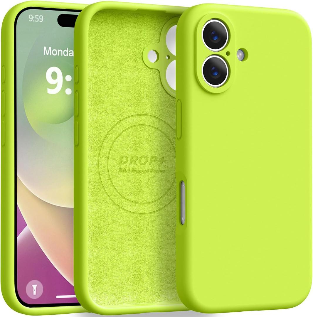 Ktele Magnetic for iPhone 16 Case [Compatible with Magsafe] [Premium Silicone Satin-Smooth Touch] Slim Shockproof Anti-Scratch Microfiber Lining Case, 6.1 inch, Fluorescent Green