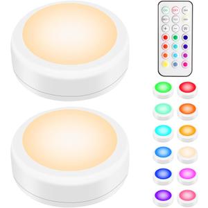 BLS LED Puck Lights with Remote Control, Wireless Under Cabinet & Closet Lighting, RGB 13 Color Changing Lights with Dimmer, Timer & AA Battery Operated, Push, Touch, Stick on for Night, White, 2 Pack