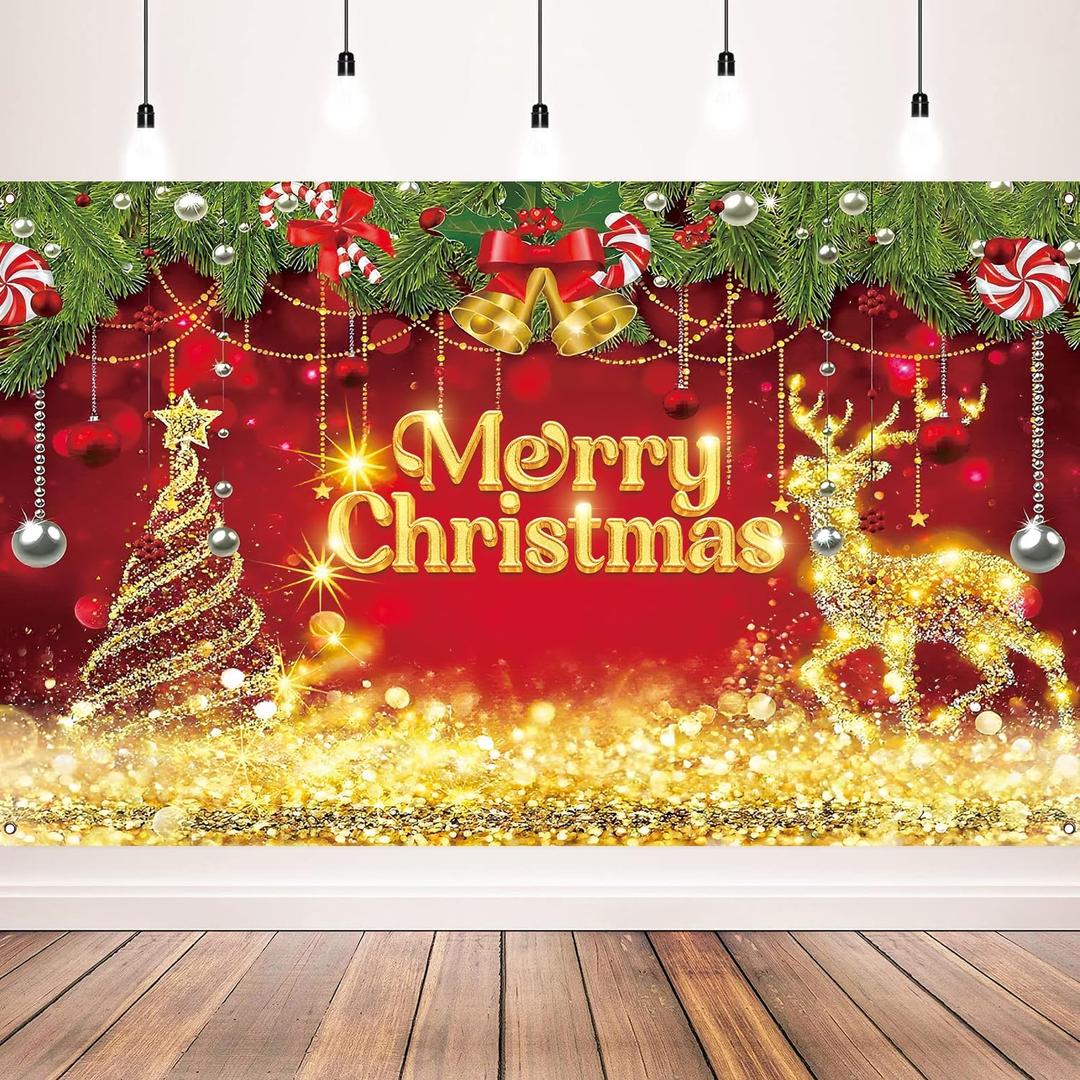 Merry Christmas Banner Backdrop - Christmas Party Decorations Red Gold Christmas and Happy New Year for Xmas New Years Eve Party Supplies, 71x43inch