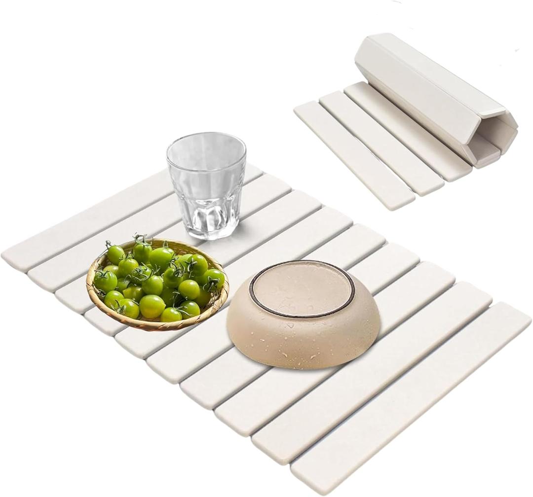 Foldable Diatomaceous Earth Dish Drying Mat, Quick Drying, Fast Water Absorption, Suitable for Cups, Dishes, Bottles, Kitchen Countertops, 24"(L) x 16"(W), White
