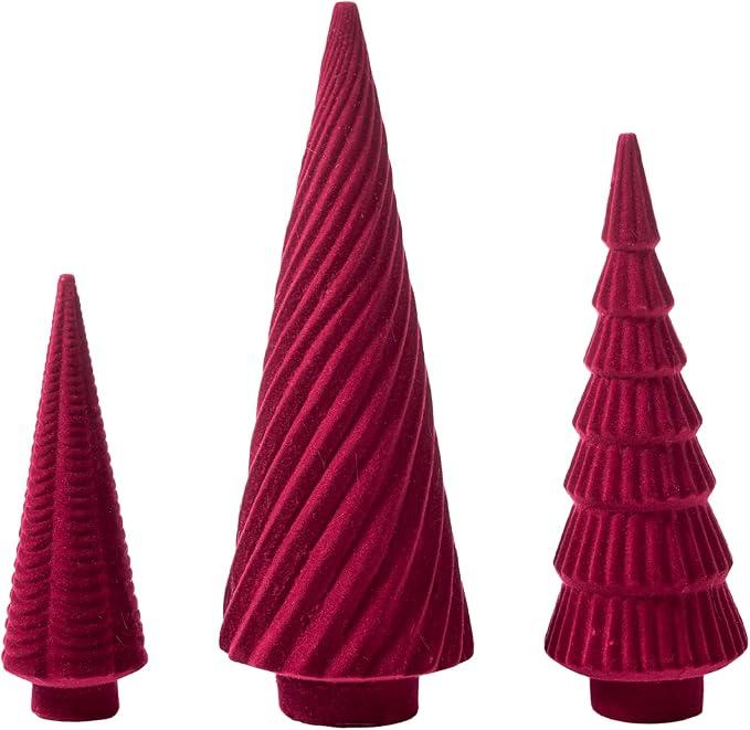 DN DECONATION 3Pcs Flocked Red Velvet Table Top Christmas Tree, Resin Xmas Tree Figurine Decor with Pine, Swirl & Wave Designs, Tree Statues Set for Christmas Indoor Decorations, Mantel, Entryway