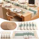 Set of 6 Table Runner and Placemats Boho Napkin Rings, Farmhouse Macrame Table Runner Rustic Round Woven Decorative Place Mats for Bohemian Kitchen Dining Tables Decor (Green)