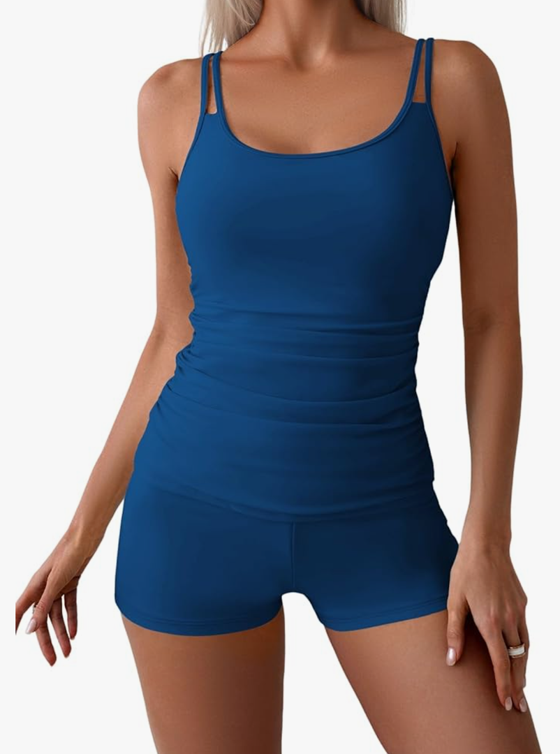 Eomenie Women's Swimsuit Tankini Set Modest Tummy Control Slimming Bathing Suits Two Piece Swim Suit with High Waisted Short XXL Blue