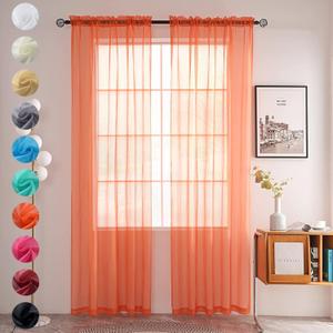youleyar Solid Sheer Rod Pocket Curtain Voile Draperies 2 Panels White Beige Black Grey Coffee 52 Inch Width 84 Inch Long 1 Pair for Kitchen Bedroom Children Living Room Yard (Orange Red,52W84L)