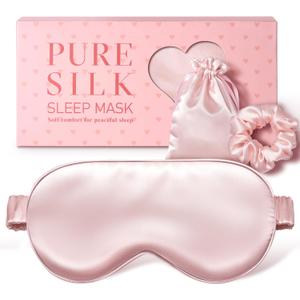 LitBear 100% Pure Silk Sleep Mask, 22 Momme 6A Mulberry Silk Fabric and Filling, Total Light Blocking Eye Mask Sleeping for Women, Men, Side Sleepers, Includes Travel Pouch and Scrunchie (Pink)