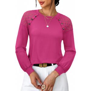 siliteelon Lace Long Sleeve Tops Dress Shirt Womens Crew Neck Loose Dressy Blouse Business Casual Work Summer 2026 Hot Pink (Pink, L)