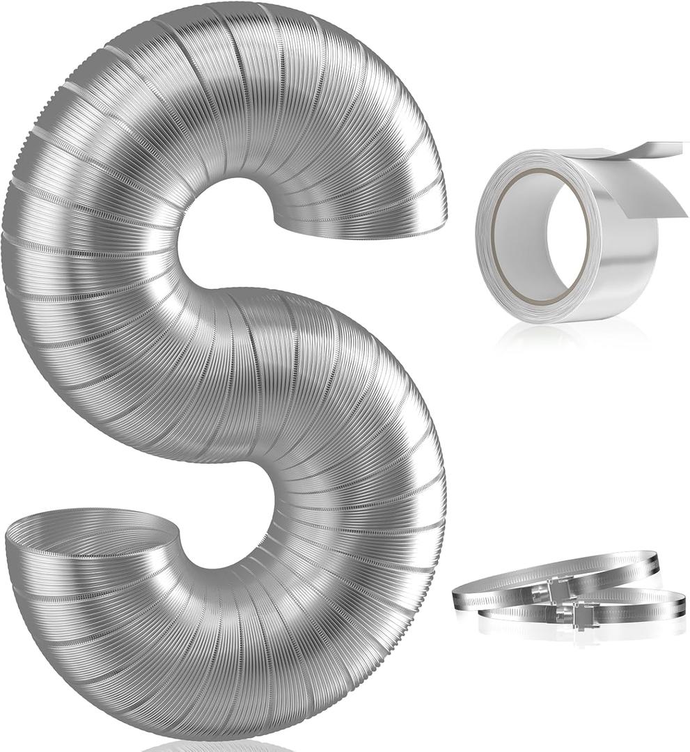 Hon&Guan 4-Inch Semi Rigid Dryer Vent Hose, 5 Feet Flexible Aluminum Duct with 2 Clamps and Aluminum Foil Tape