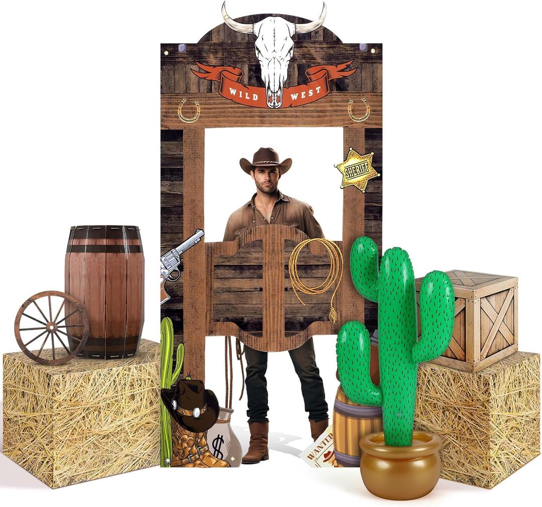 7 Pcs Western Cowboy Rodeo Party Decoration Kit Hay Bales Boxes Inflatable Cactus Prop Decor Western Backdrop Banner Wagon Wheel Village Accessories for Birthday Party Decoration Photo Props