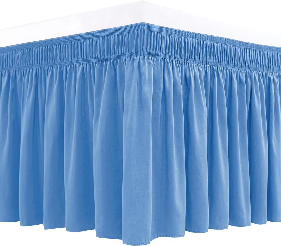 Biscaynebay Wrap Around Bed Skirts for King & Cal King Beds 15" Drop, Denim Blue Elastic Dust Ruffles with Adjustable Belts Silky Luxrious Fabric Machine Washable