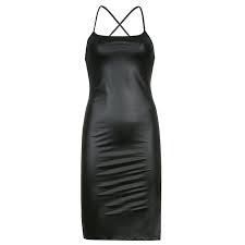 Women 's Sexy Suspender Mid-Length Dress Fashion Solid Color Leather Bandage Backless Skinny Split Dress, Large
