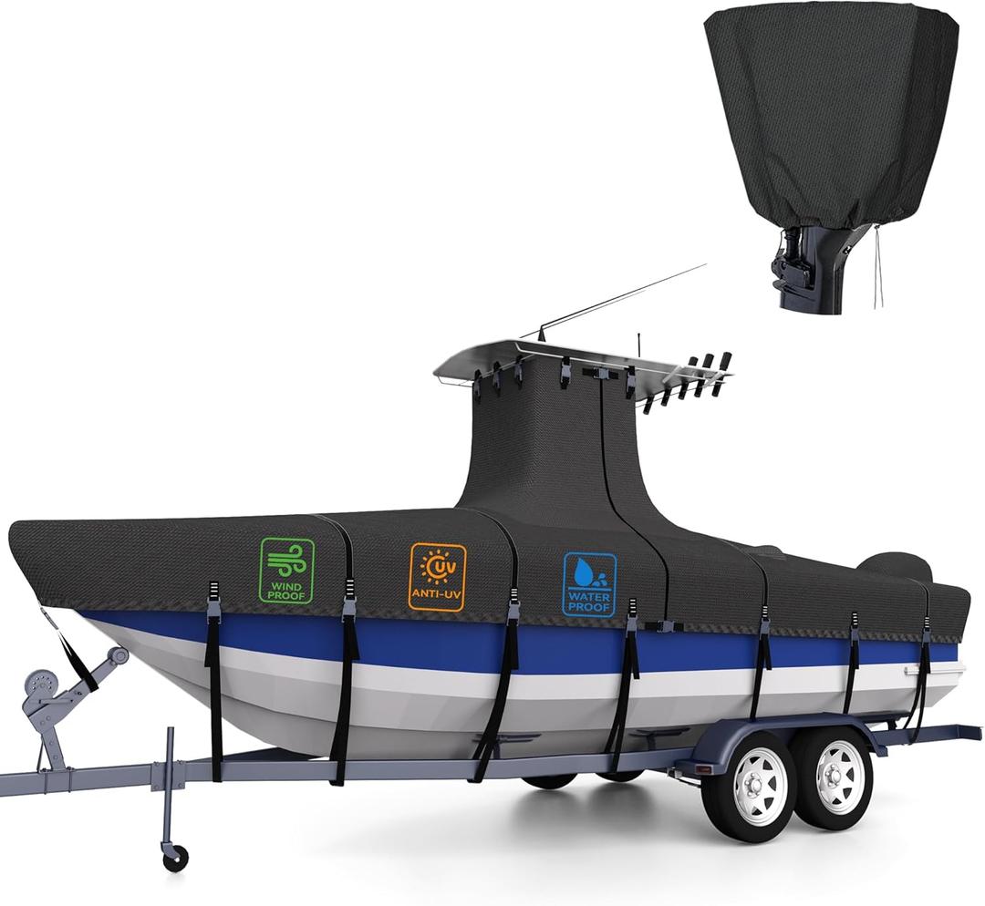 Heavy Duty Ture 1200D T-Top Boat Cover 17ft - 19ft with Motor Cover, 100% Waterproof Solution-Dyed Center Console Boat with T Top Roof 17-19 Foot with Upgraded 15 Windproof Straps (Black)