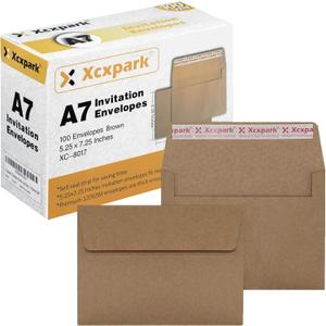 100 Qty Printable A7 Invitation Envelopes 5.25X7.25 inches Cards, Self Seal 120GSM Brown Kraft Paper Envelopes for Invitations, Papers, Photos, Documents, Wedding, Baby Shower, Easy to Seal