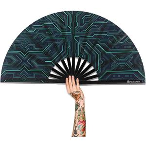 Large Folding Fan, 13 Inch Clack Rave Fan Hand Held Fan for Women Men with Premium Satin Fabric, Thick Bamboo Frame for EDM, Music Festival, Party, Dance, Decoration, Gift (Tech Glow)