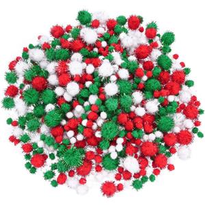 Livder Christmas Pom Poms Pompoms Red Green White Glitter Fluffy Balls, DIY Art Crafts Decorations Supplies (4 Sizes, 900 Pieces) (Variety Pack)