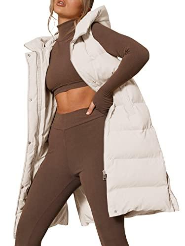 Inorin Womens Down Vest with Stand Collar Thick Hooded Sleeveless Long Coats Jacket (Medium, Beige)
