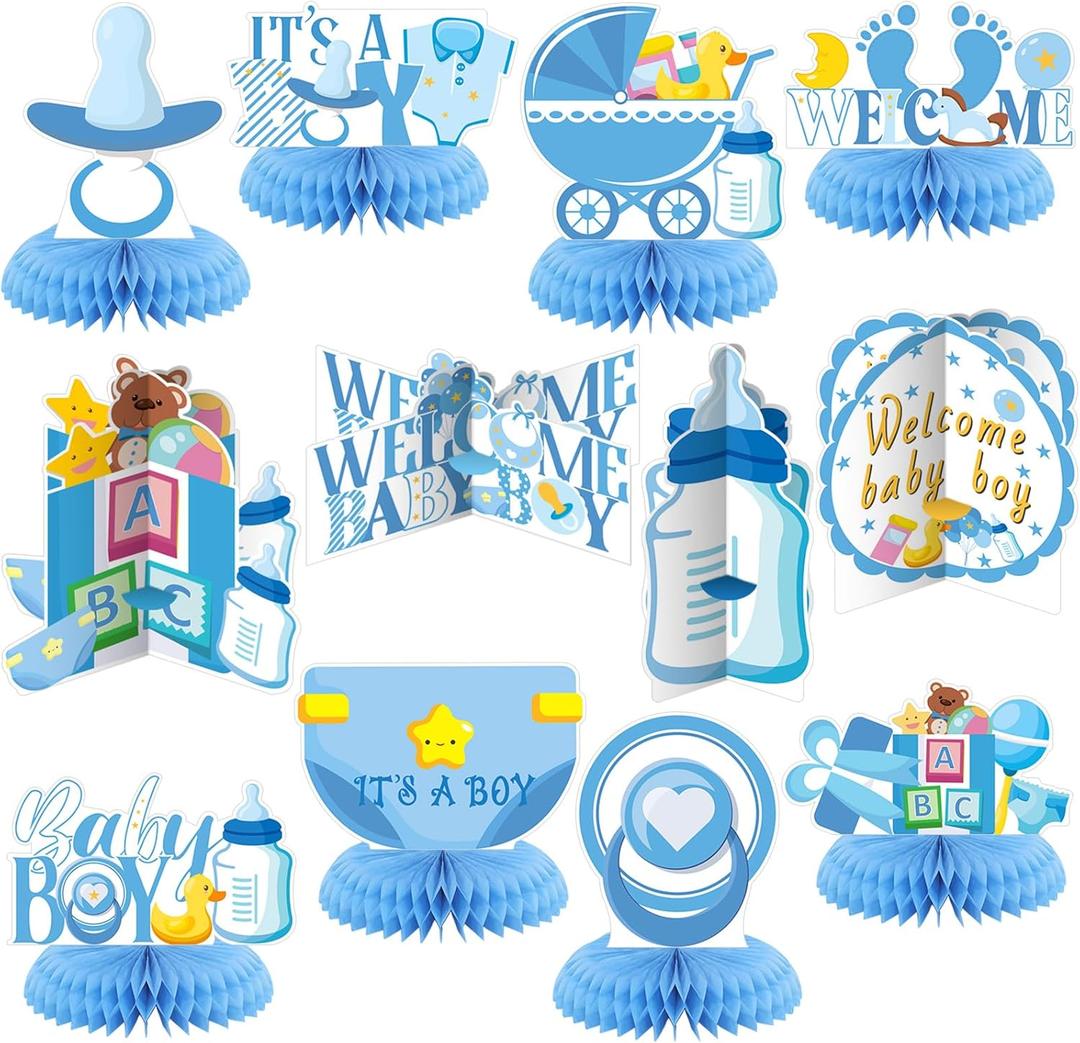12 Pcs It's a Boy Baby Shower Honeycomb Centerpieces Blue Baby Shower Party Table Decorations Gender Reveal Table Toppers Baptism Decor for Welcome Boy Newborn Photo Props(Classic Style)